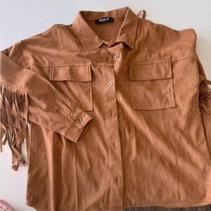 Blue B Suede Fringe Button-Up Shirt Jacket in Cognac